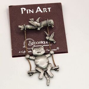 JJ Jonette Cat on a Swing Cat Lady Brooch Pin Pewter Bird Vintage Signed Large